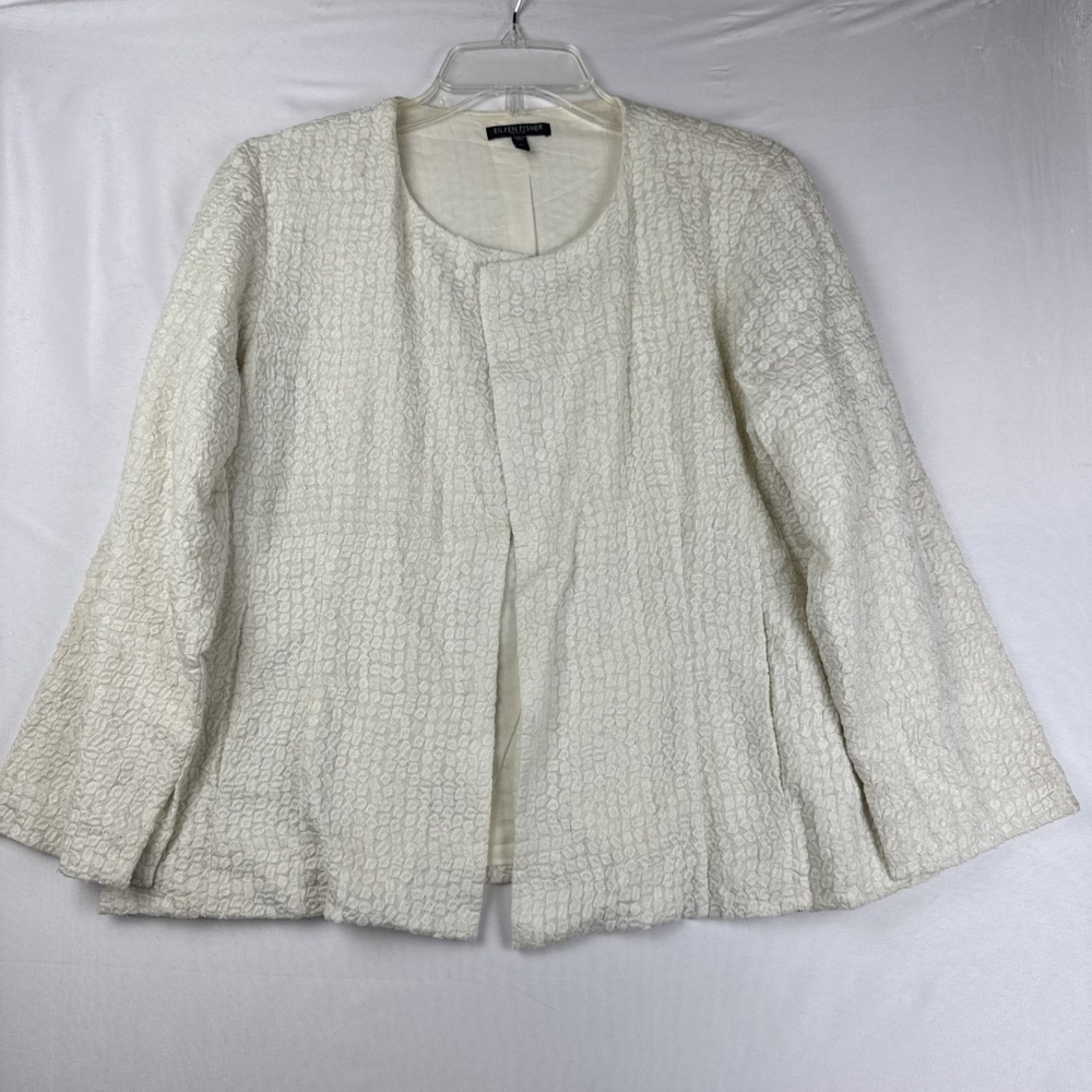 Eileen Fisher Petite Large Ivory Textured Cotton Open‎ Front Jacket Blazer